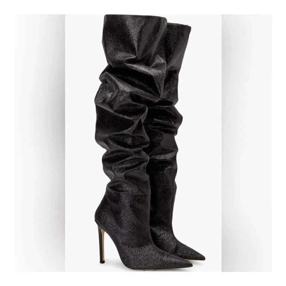 Good American Over‎ The Knee Slouch Boot in Black Glitter Size 6.5 NEW